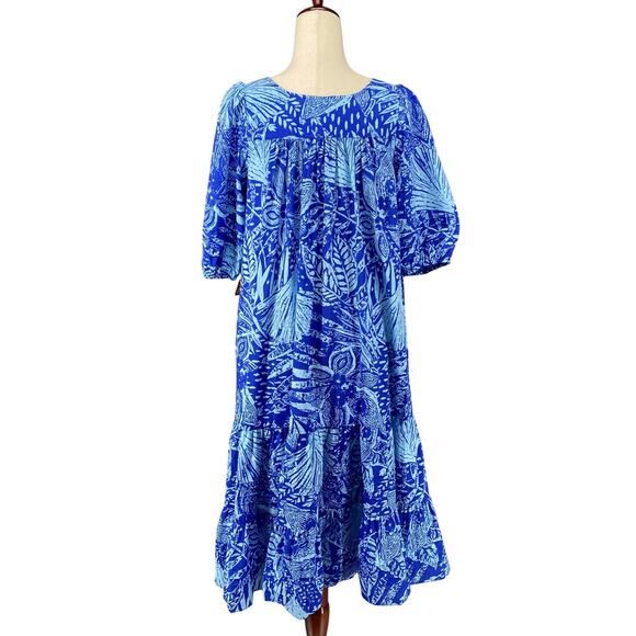 Vtg 80s 90s Two Potato Laguna Beach Midi Tiered Muumuu Dress XS Cotton Blue NOS - Picture 3 of 16